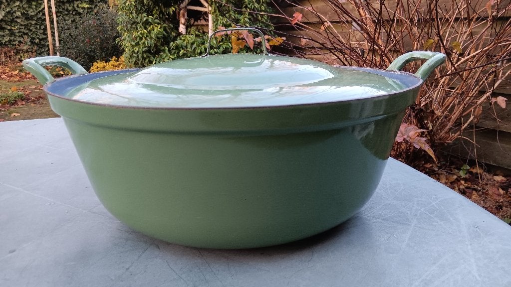 DRU nostalgie XXXXXXL van eigen bodem groene pan 40cm (G204), Huis en Inrichting, Gebruikt, Gietijzer, Ophalen of Verzenden, Keramische plaat