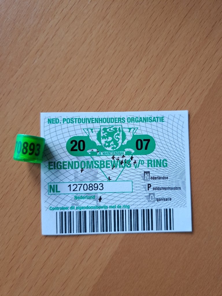 Duivenring 2007 met bewijs postduiven, Ophalen of Verzenden, Zo goed als nieuw, Vogel, Overige typen