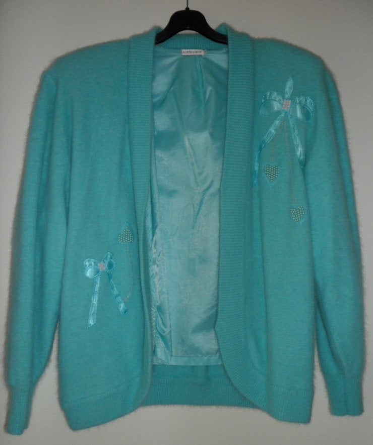 Vintage turquoise vest met strikjes en parels, Maat 38/40 (M), Overige kleuren, South Lodge, Ophalen of Verzenden