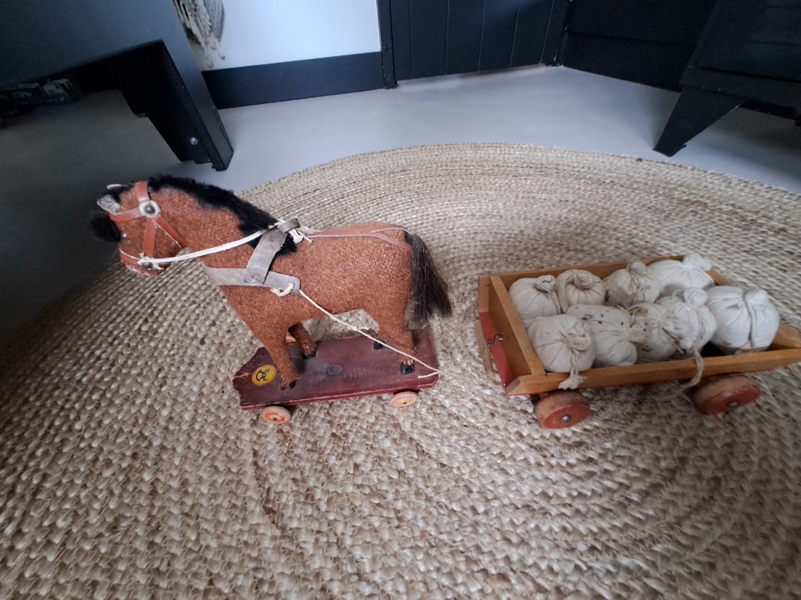 Vintage speelgoed paard met kar - Antiek decoratie, Ophalen of Verzenden