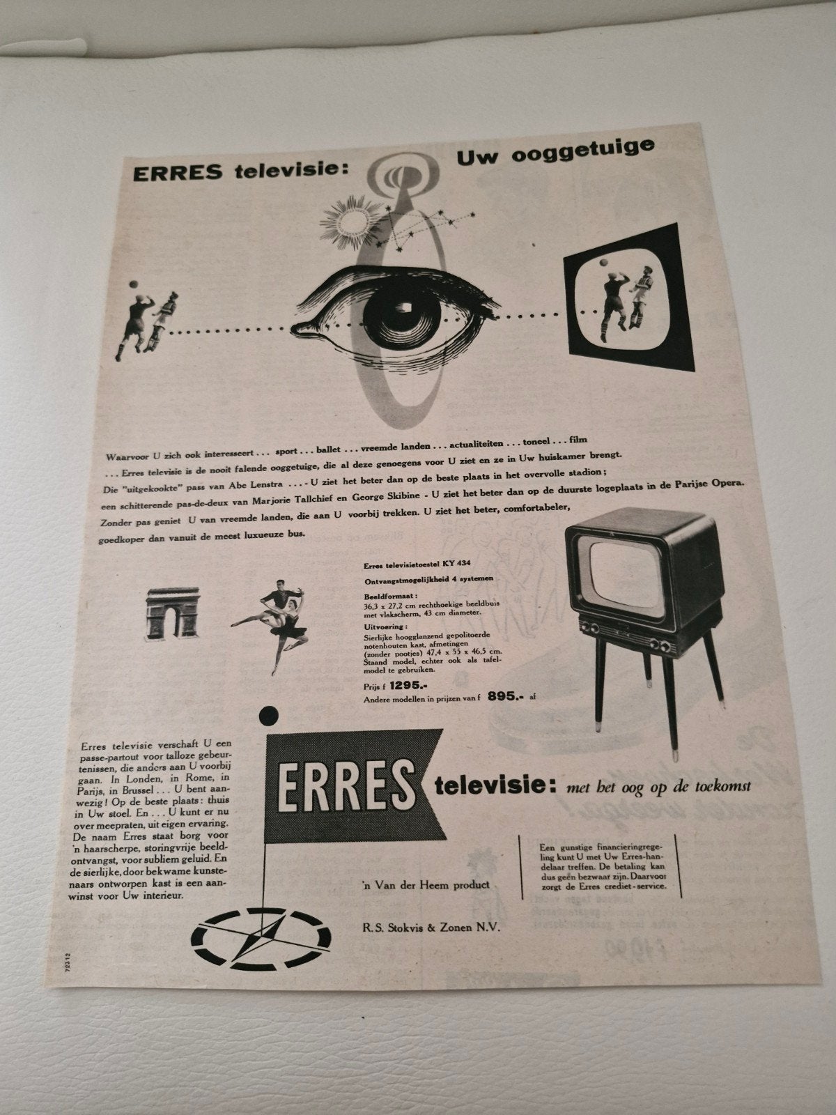 Vintage Erres Televisie Advertentie (32 x 24 cm), Ophalen of Verzenden, Knipsel(s)