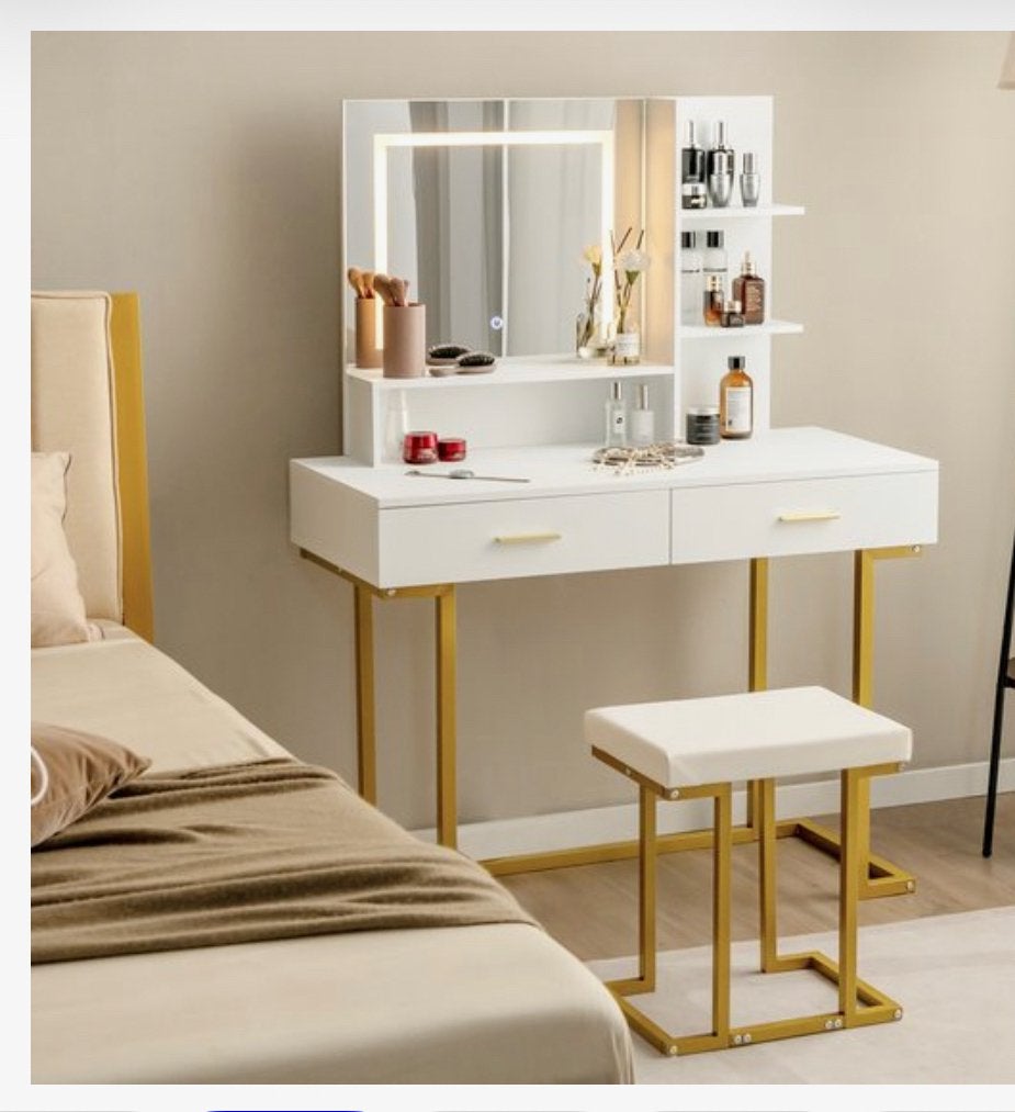 Make-uptafel met LED-verlichting, spiegel en kruk, 100 tot 150 cm, Nieuw, Hout, 50 tot 100 cm