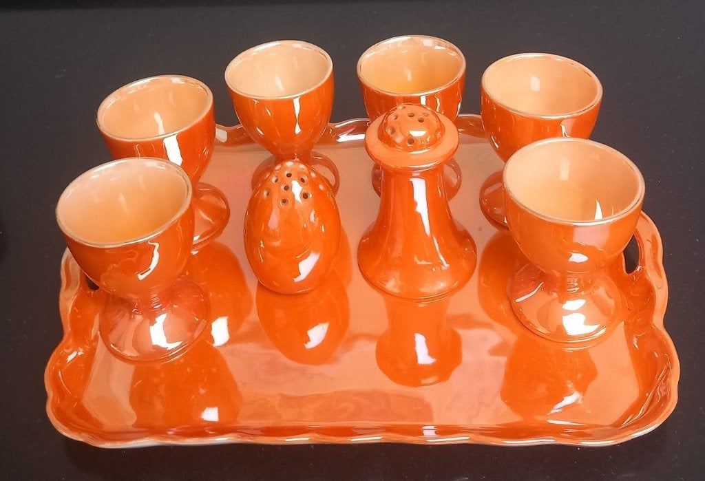 Victoria China orange czechoslovakia eierset op schaal uniek, Overige typen, Ophalen of Verzenden, Zo goed als nieuw, Overige stijlen