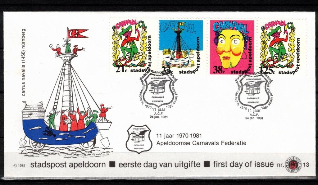 Stadspost Apeldoorn 1981 op FDC - Carnaval, Postzegels en Munten, Ophalen of Verzenden, Onbeschreven, Nederland