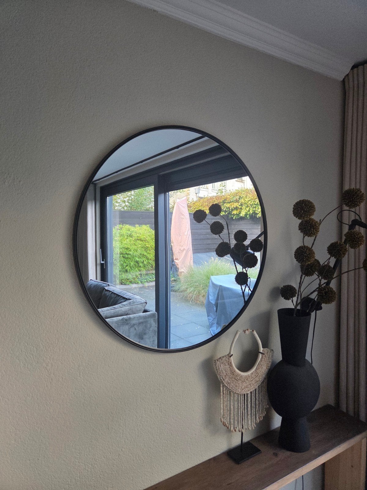 Ronde spiegel Zwart 80cm doorsnede, Ophalen, Rond, Zo goed als nieuw, 75 tot 100 cm