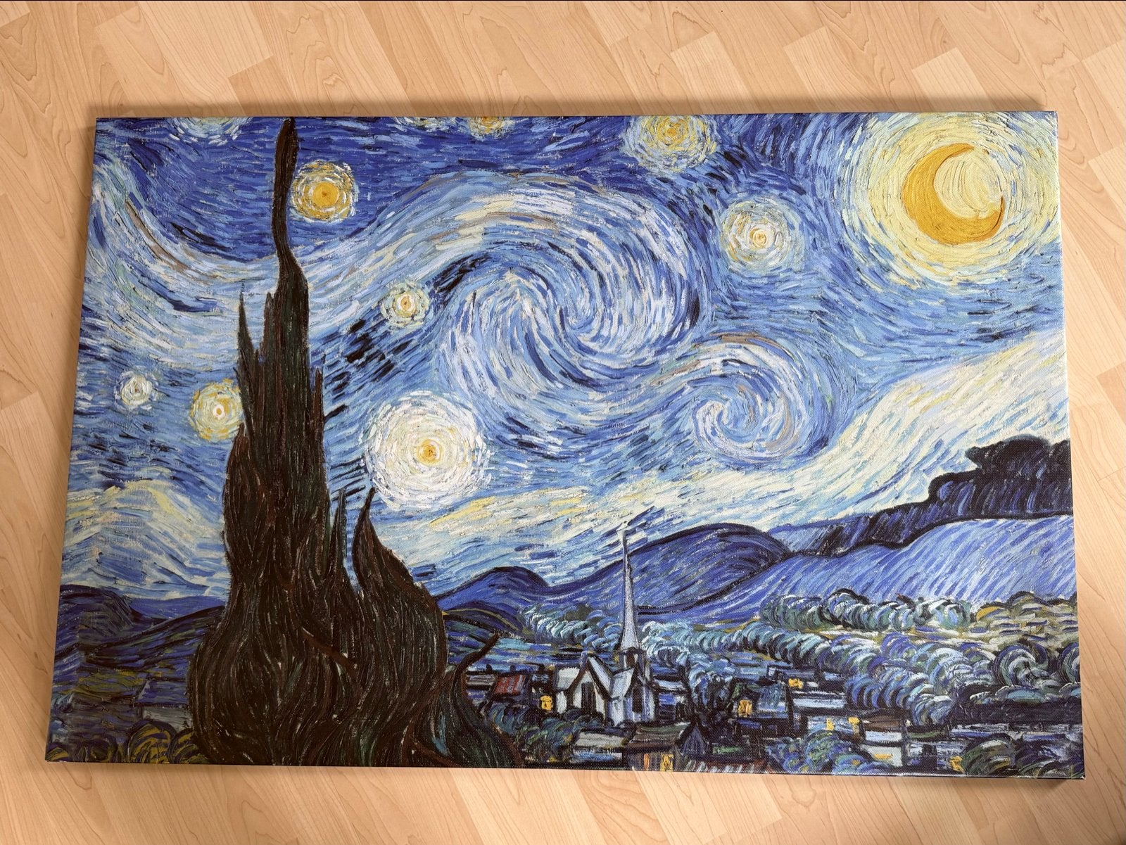Sterrennacht van Van Gogh - Canvas print 118x78 cm, Print, Op houten frame, Textiel, Landschap