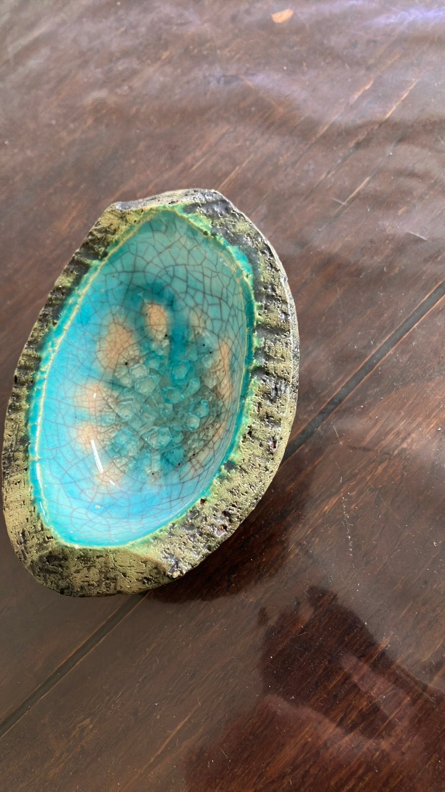 Retro asbak. Ruwe buitenkant, aqua kleur binnenkant., Verzamelen, Ophalen of Verzenden, Gebruikt, Asbak
