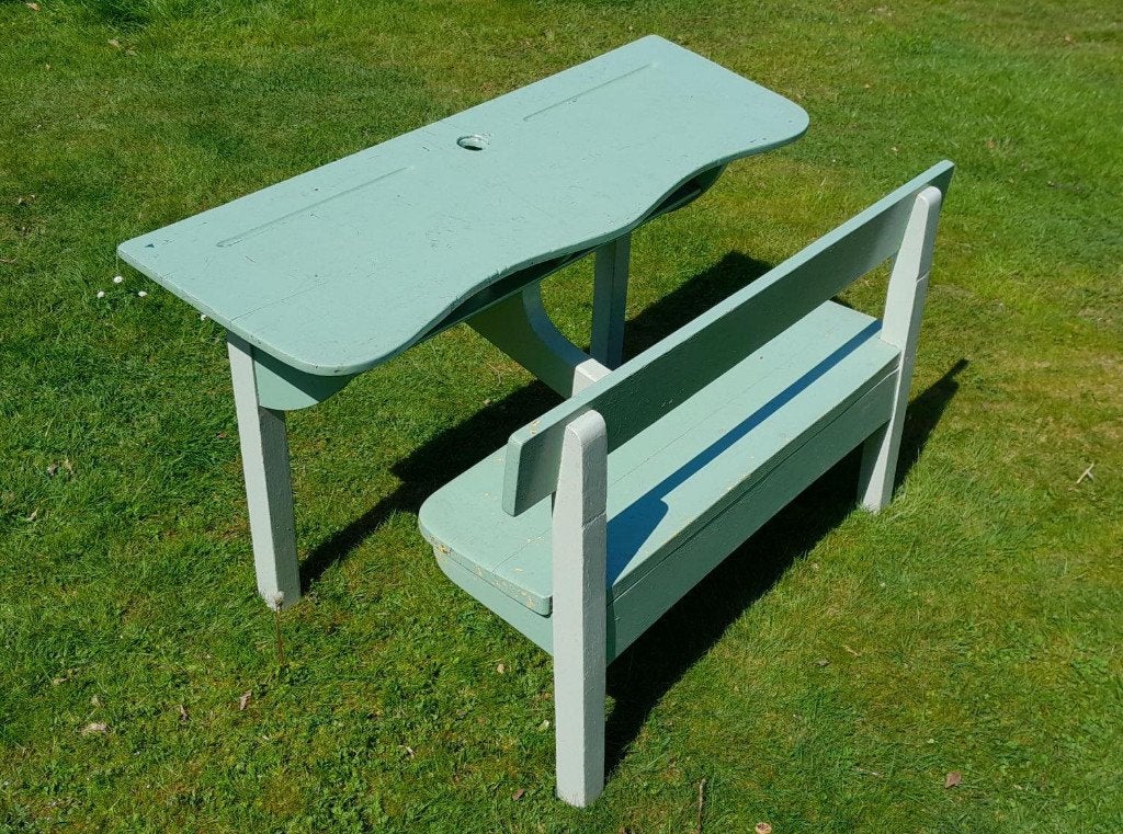 Turquoise groen oud schoolbankje vintage, Ophalen