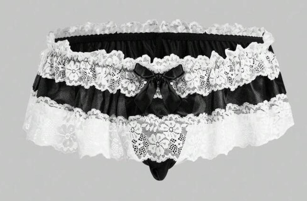 Sissy / Sissi string zwart met wit kant, maat M gay / hetero, Ophalen of Verzenden, Zwart, Slip