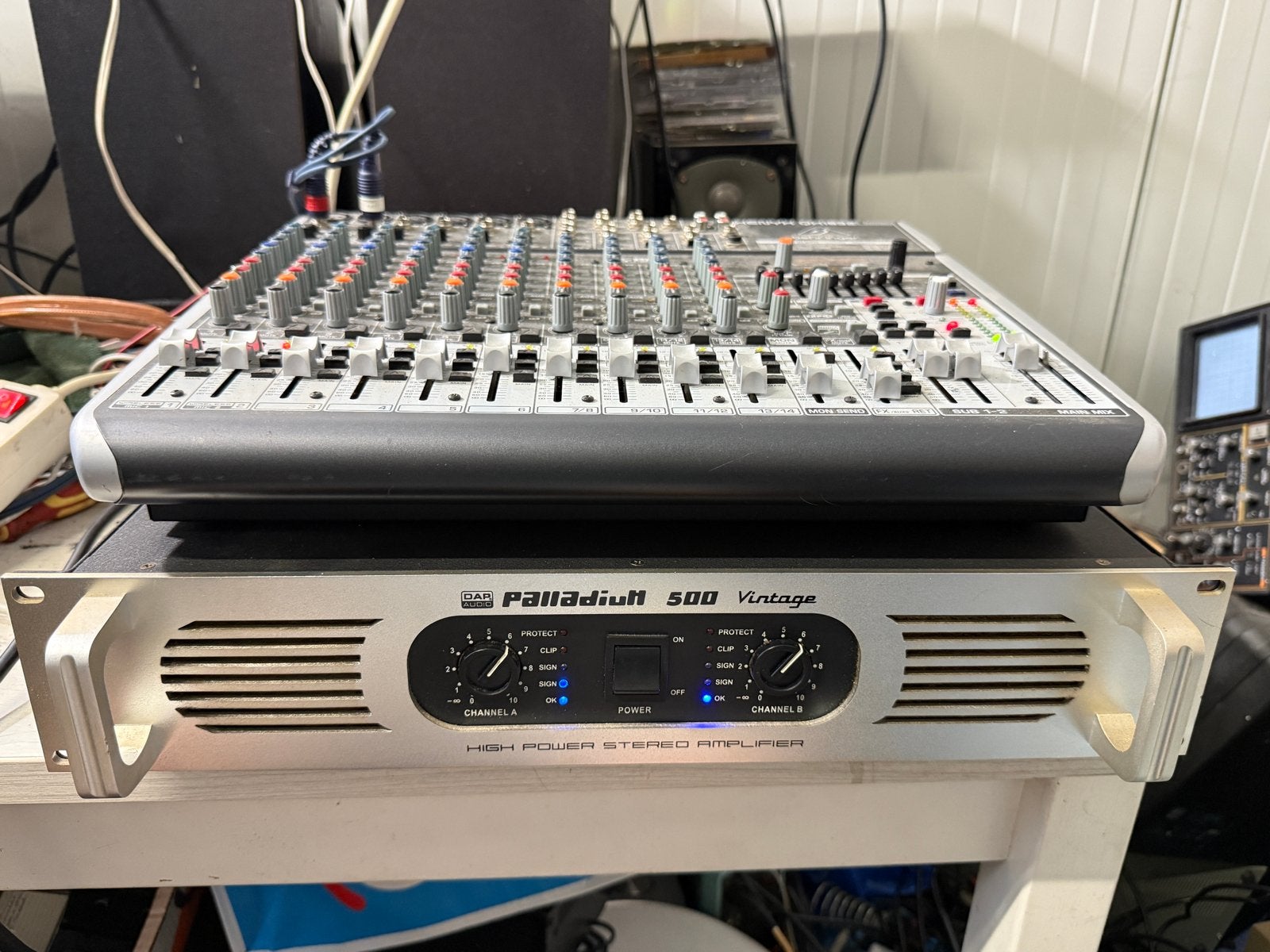 Mengpaneel en eindversterker stereo setje - Perfect werkend, Ophalen, Gebruikt, Microfooningang, 10 tot 20 kanalen