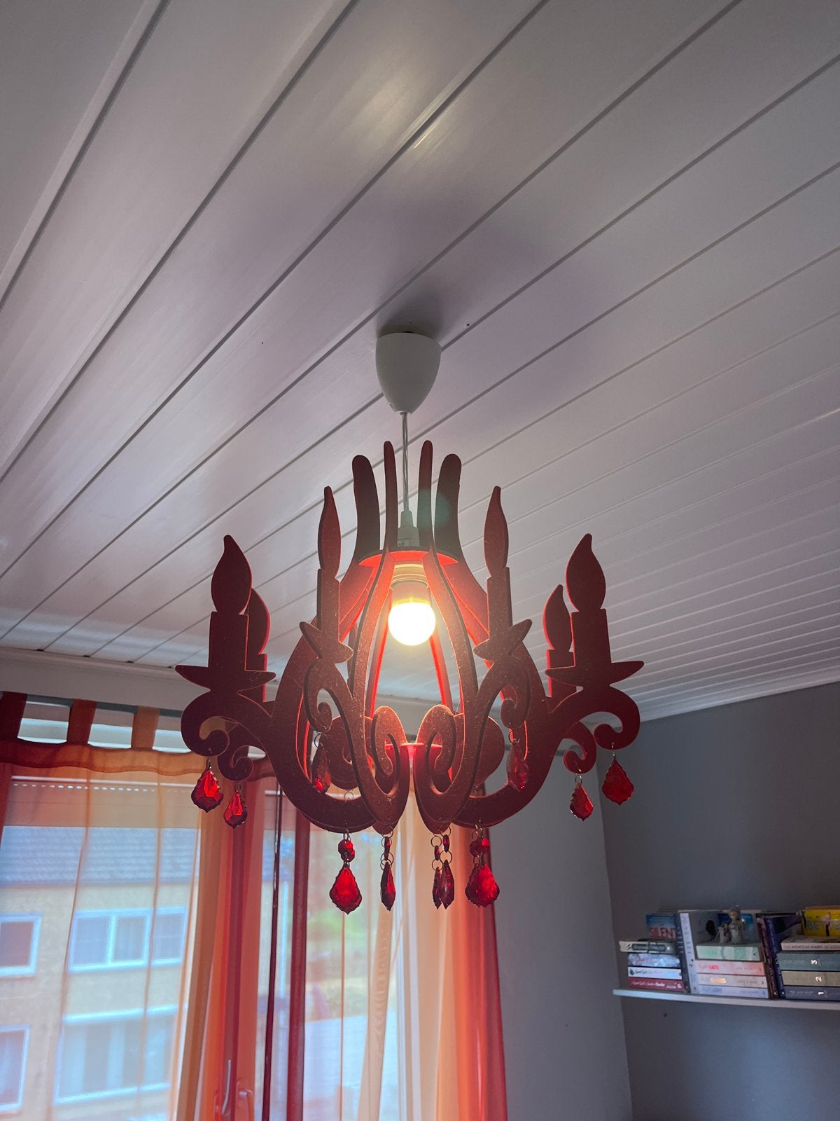 Rode kroonluchter van vilt -Unieke hanglamp, Ophalen, Gebruikt, Overige materialen, E27 (groot)