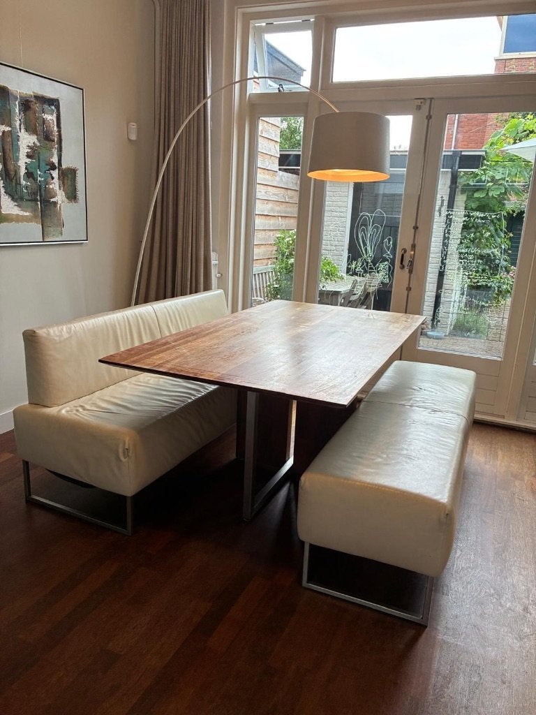 Massief notenhouten eetkamertafel, Ophalen, Gebruikt, 50 tot 100 cm, Vijf personen of meer