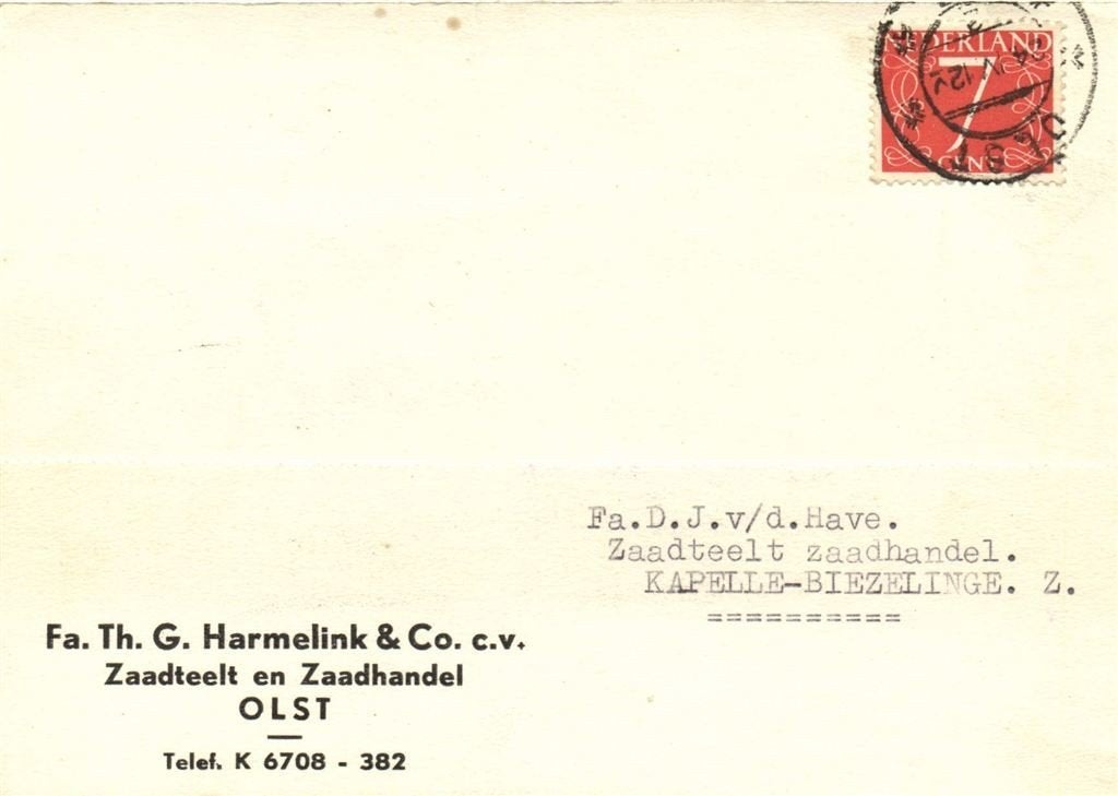 Fa. Th. G. Harmelink + Co. c.v., Olst - 04.1956, Ophalen of Verzenden, Briefkaart
