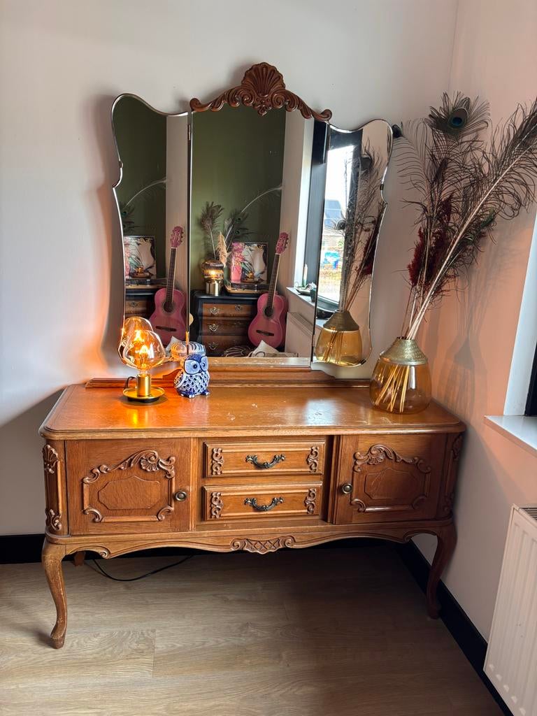 Prachtige Queen Ann Kaptafel met spiegel, Ophalen, Gebruikt, 100 tot 150 cm, Hout