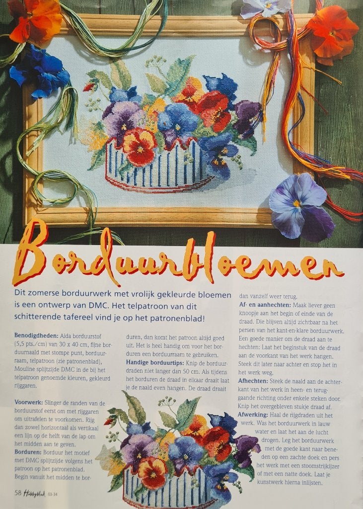 Zomerse bloemen in mand borduurpatroon, Hobby en Vrije tijd, Ophalen, Nieuw, Handborduren, Patroon