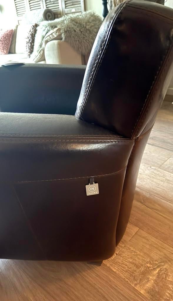 Donkerbruine leren fauteuil, Ophalen, Gebruikt, Leer, 75 tot 100 cm