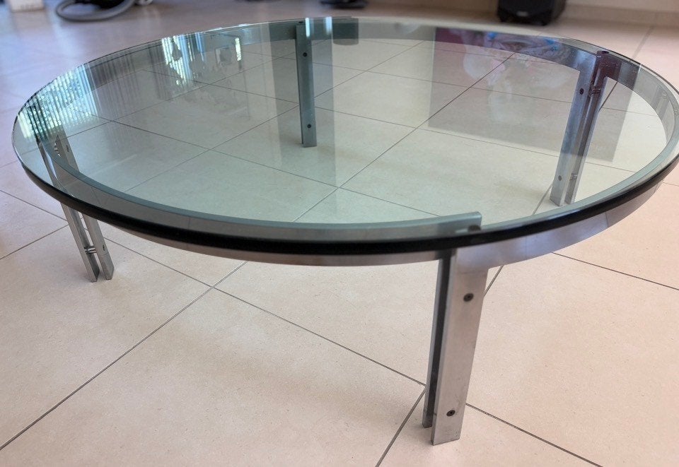 Glazen design salontafel - MetaForm - rond, Huis en Inrichting, Tafels | Salontafels, Gebruikt, Rond, Ophalen of Verzenden, Minder dan 50 cm