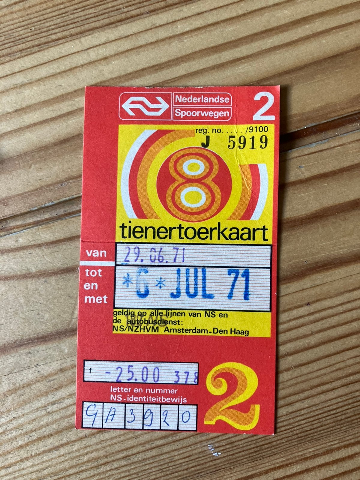 Kaartje Nederlandse Spoorwegen tienertoerkaart 1971, Ophalen of Verzenden, Gebruikt, Trein, Kaart of Prent