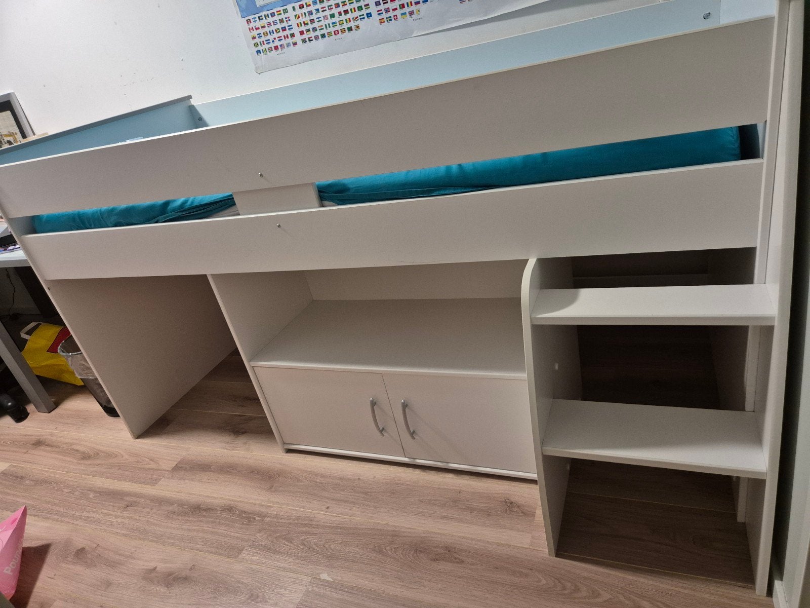 Halfhoogslaper bed met opbergruimte en trap, Gebruikt, 90 cm, Eenpersoons, Onbekend
