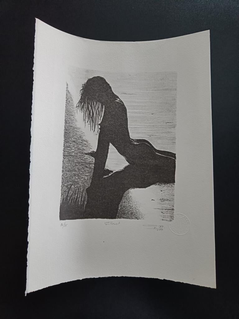 Silhouet naakte vrouw originele gesigneerde litho., Antiek en Kunst, Kunst | Etsen en Gravures, Dagelijks leven, Origineel, Ophalen of Verzenden
