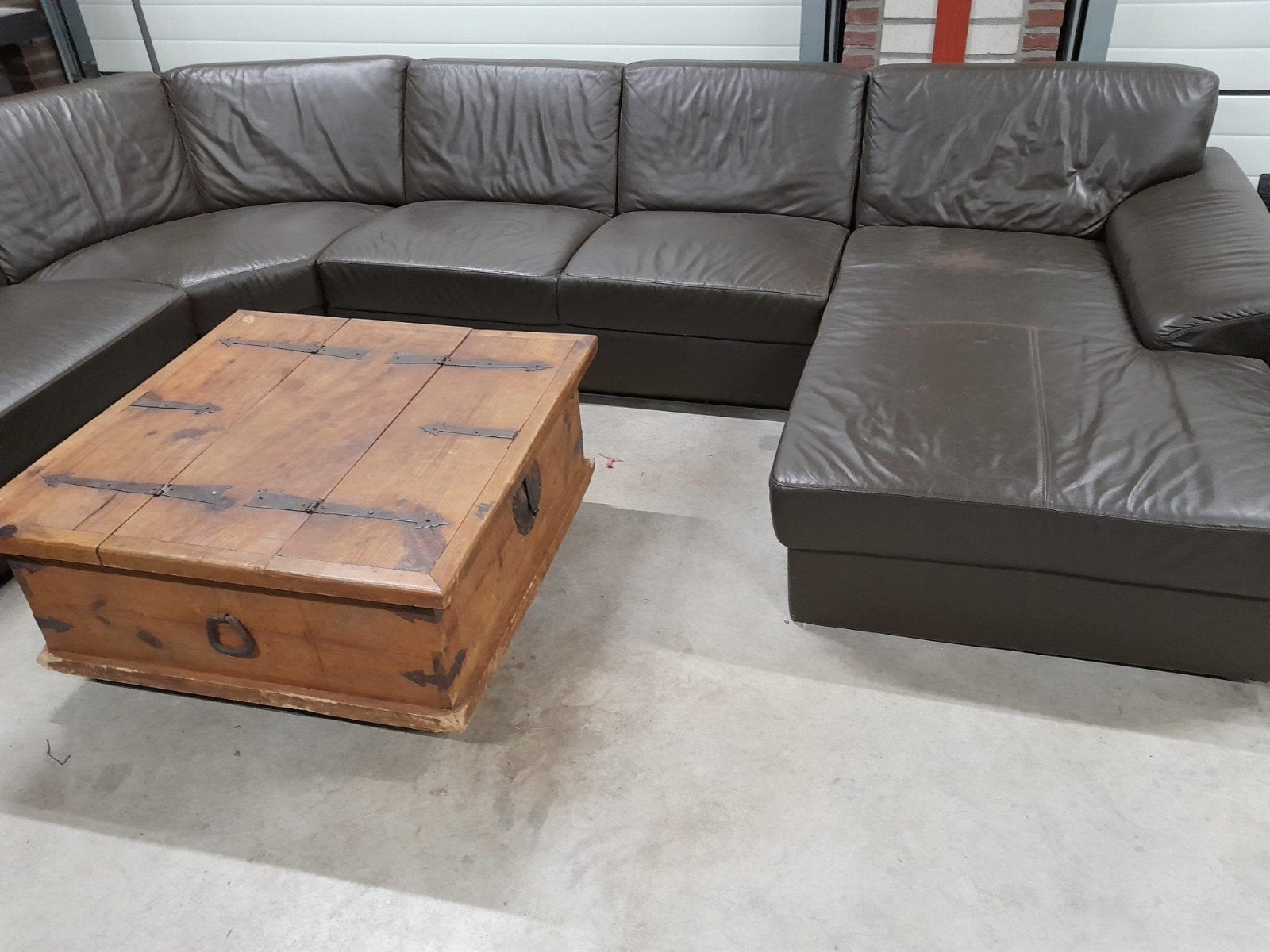 Bruine leren hoekbank - Comfortabel en stijlvol, Ophalen, Gebruikt, 100 tot 125 cm, Hoekbank