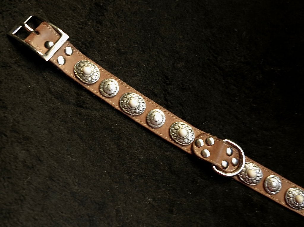 Halsband leer met concho's en witte stenen €25, Verzenden, Zo goed als nieuw