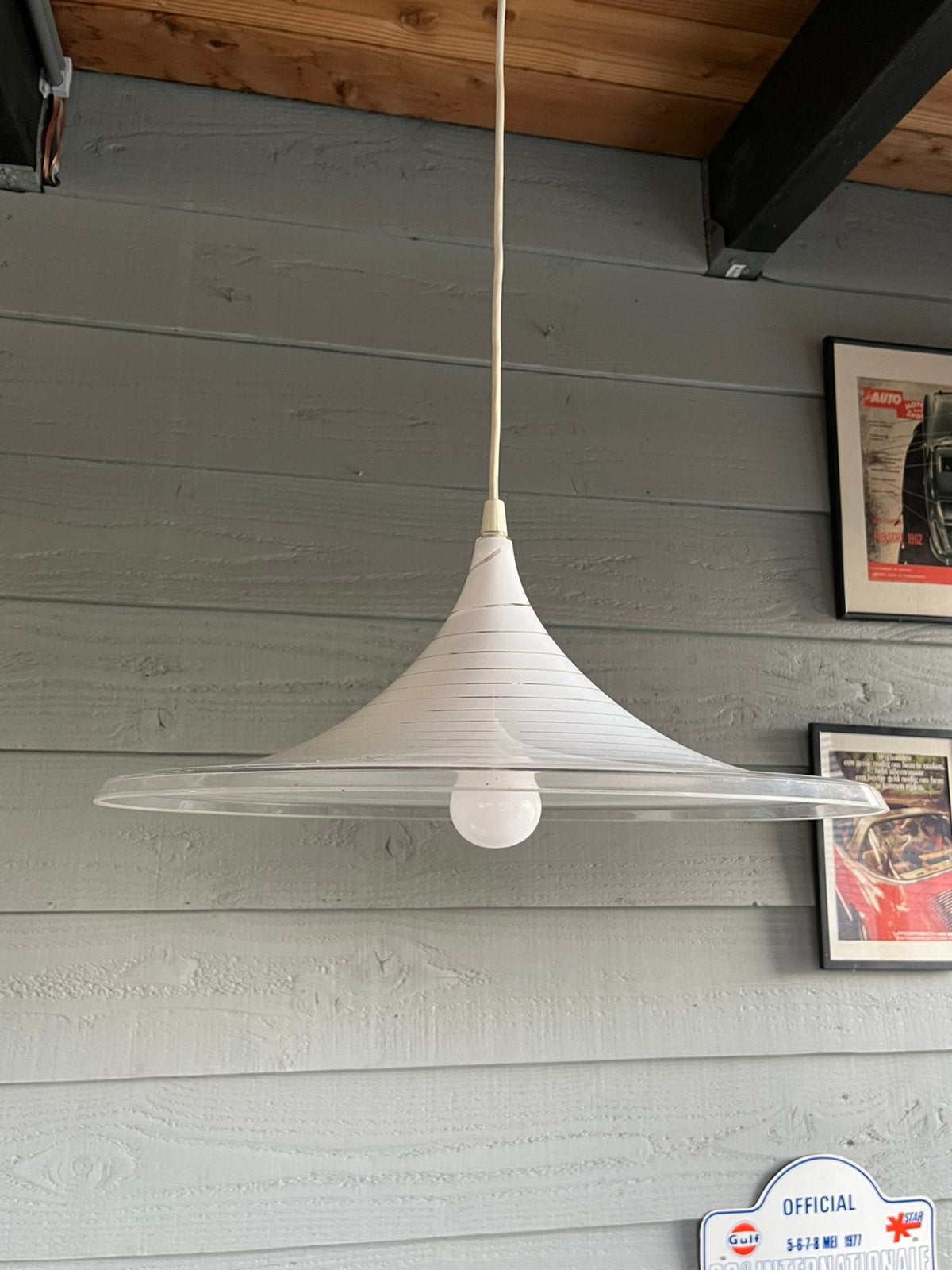Vintage Meblo heksenhoed of trompet swirl deco hanglamp, Kunststof, Gebruikt, Vintage space age jaren 80 post modren, E27 (groot)