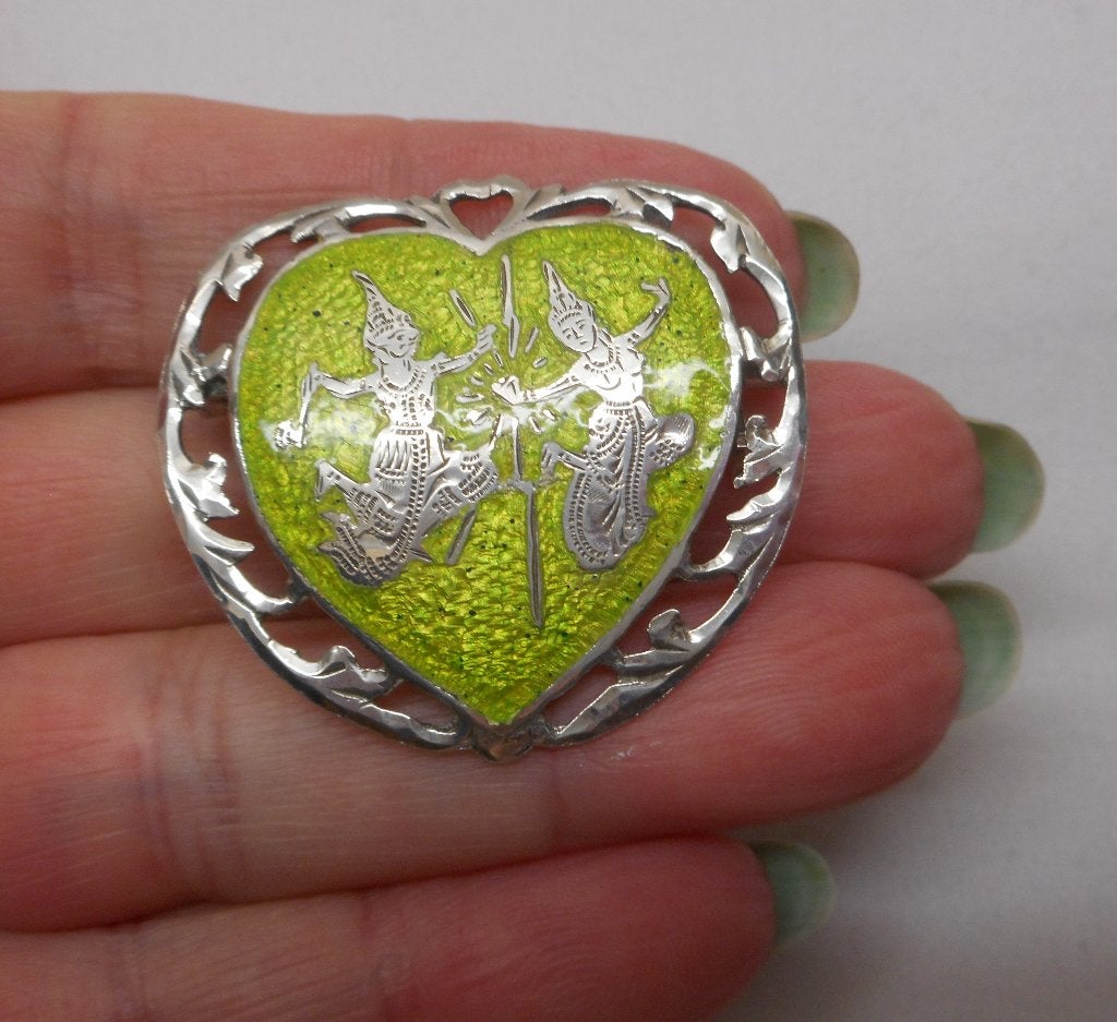 Sterling zilveren antieke broche met groen Emaillen nr.1670, Verzenden, Zilver, Broche