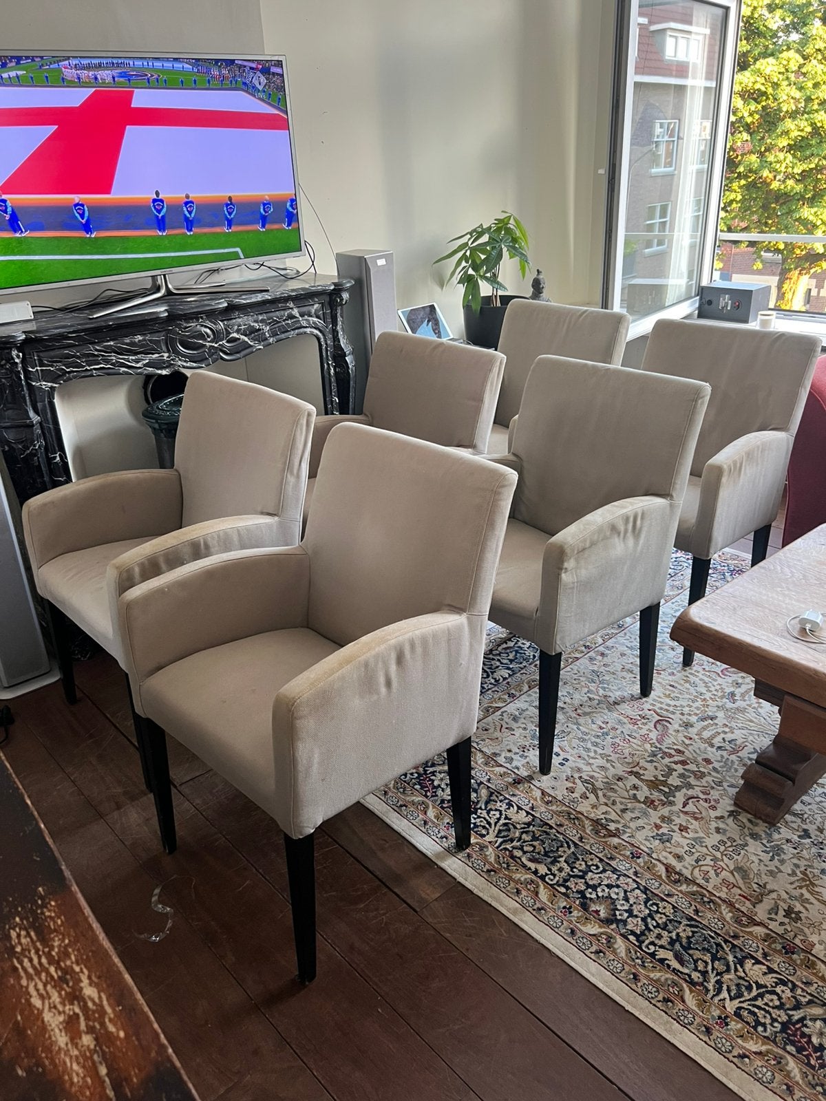6 eetkamer stoelen, Ophalen, Gebruikt, Stof, Grijs