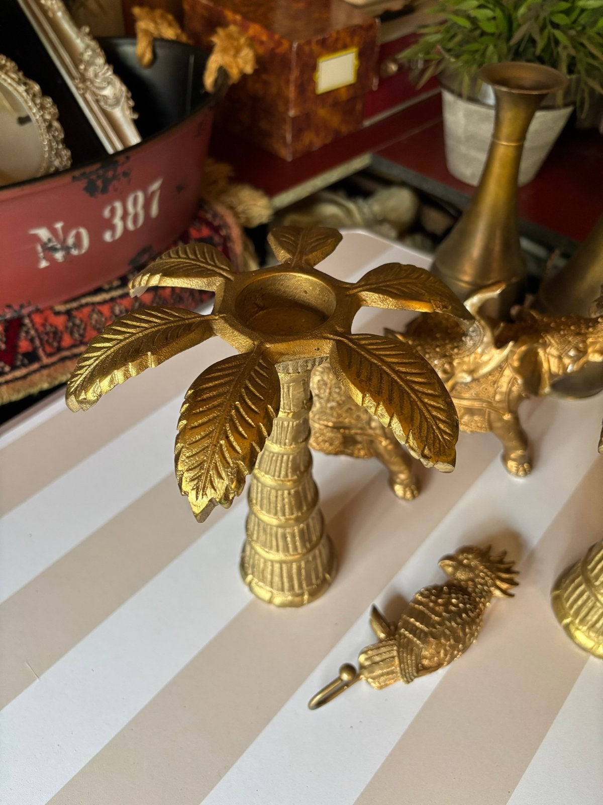 Gouden palmboom theelichthouder, Ophalen of Verzenden, Koper of Brons