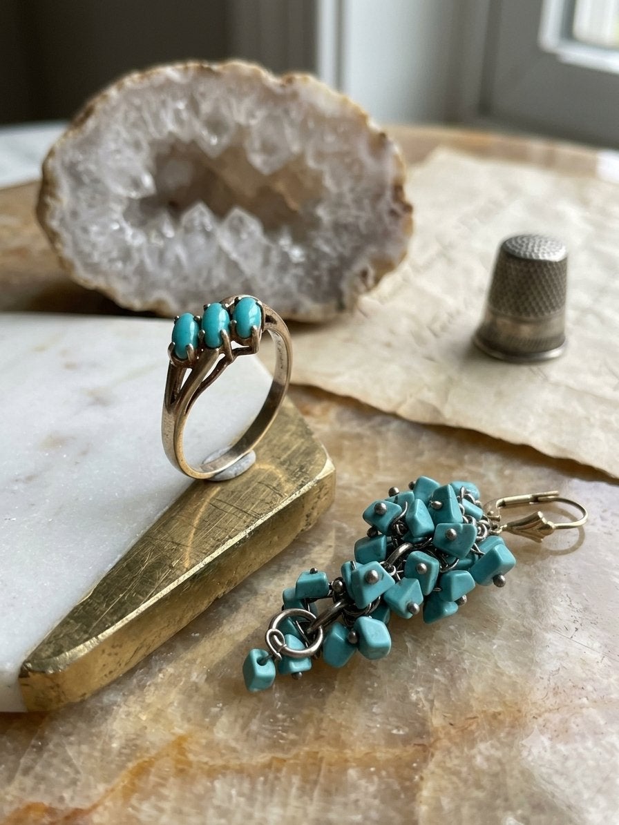 8 karaat set oorbellen plus ring met turkooise, Ophalen of Verzenden, Zo goed als nieuw, Nvt, Nvt