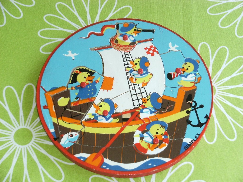 Vintage Simplex puzzel - Eendjes op een schip, 2 tot 4 jaar, Gebruikt, Ophalen of Verzenden, Van hout