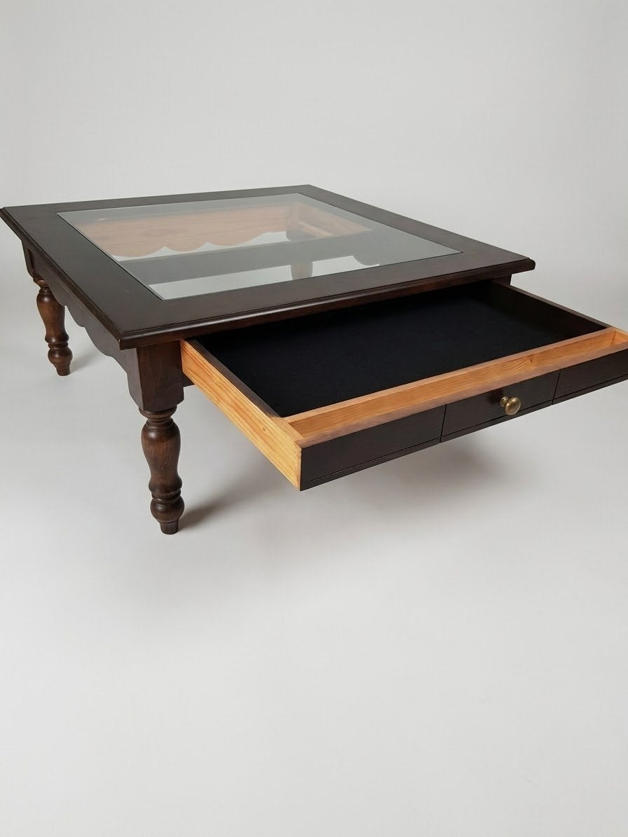 Salontafel met glazen blad en lade - Donkerbruin, Ophalen, Gebruikt, Vierkant, 50 tot 100 cm