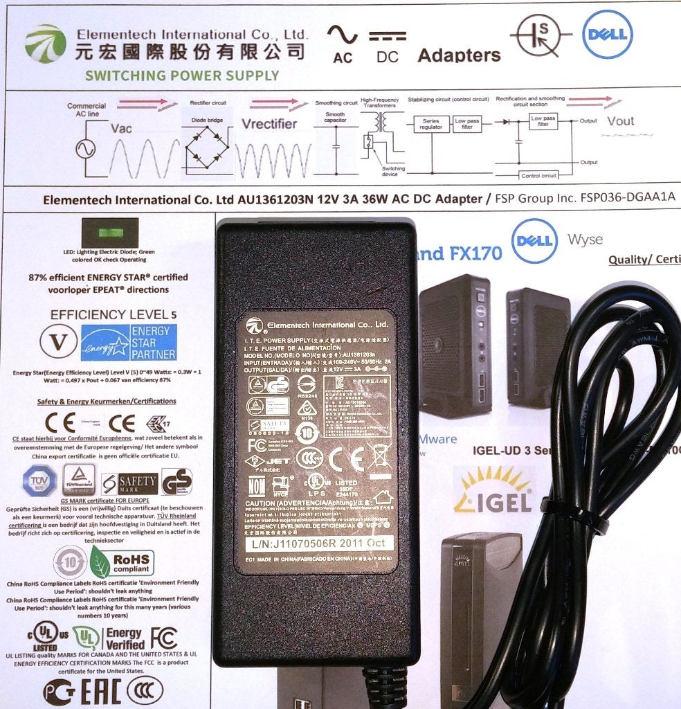 Elementech AU1361203N 12V 3A 36W AC DC Adapter Oplader