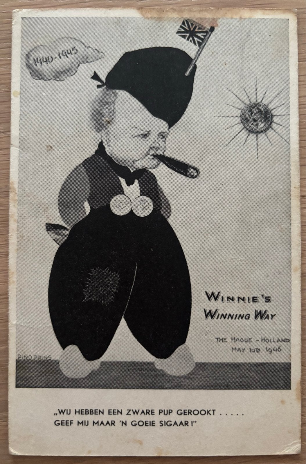 Originele karikatuur briefkaart Pino Prins - Churchill 1946, Verzamelen, Ophalen of Verzenden, 1940 tot 1960, Ongelopen, Politiek en Historie