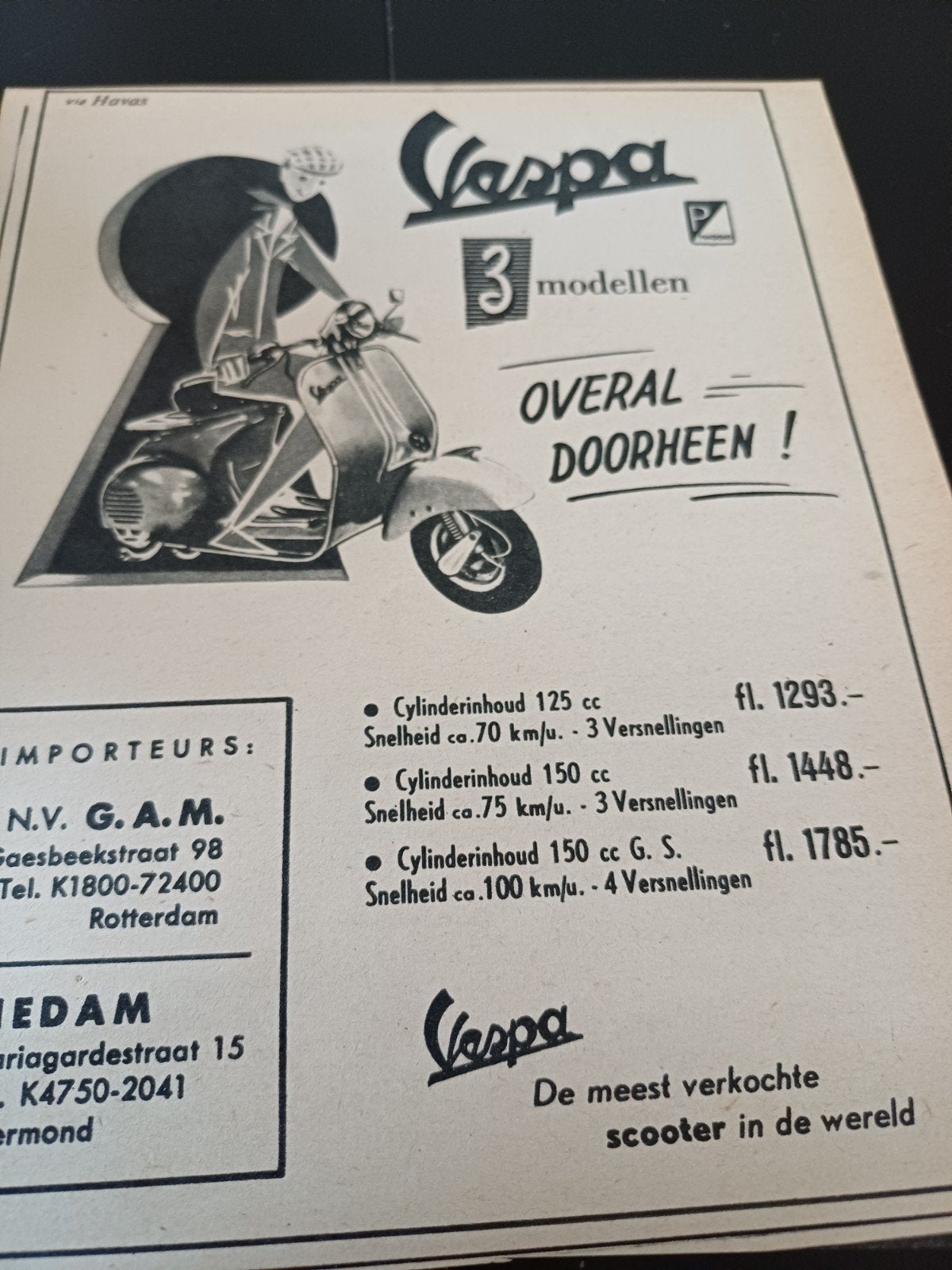 advertentie Vespa scooter 3 modellen 1956, Verzamelen, Merken en Reclamevoorwerpen, Ophalen of Verzenden, Zo goed als nieuw, Overige typen