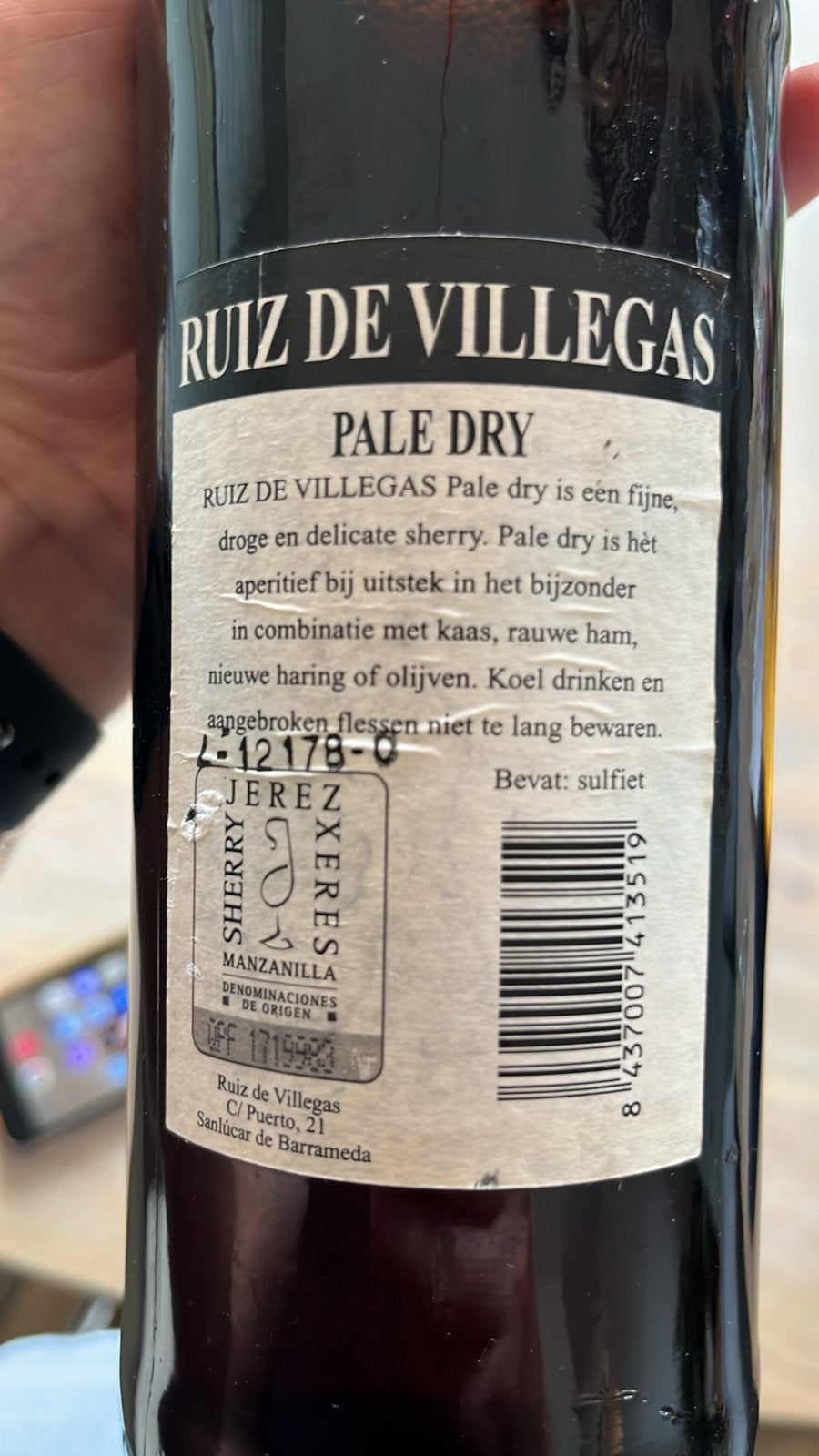 Ruiz de Villegas Pale Dry Sherry Manzanilla, Verzamelen, Ophalen, Gebruikt, Spanje, Overige typen