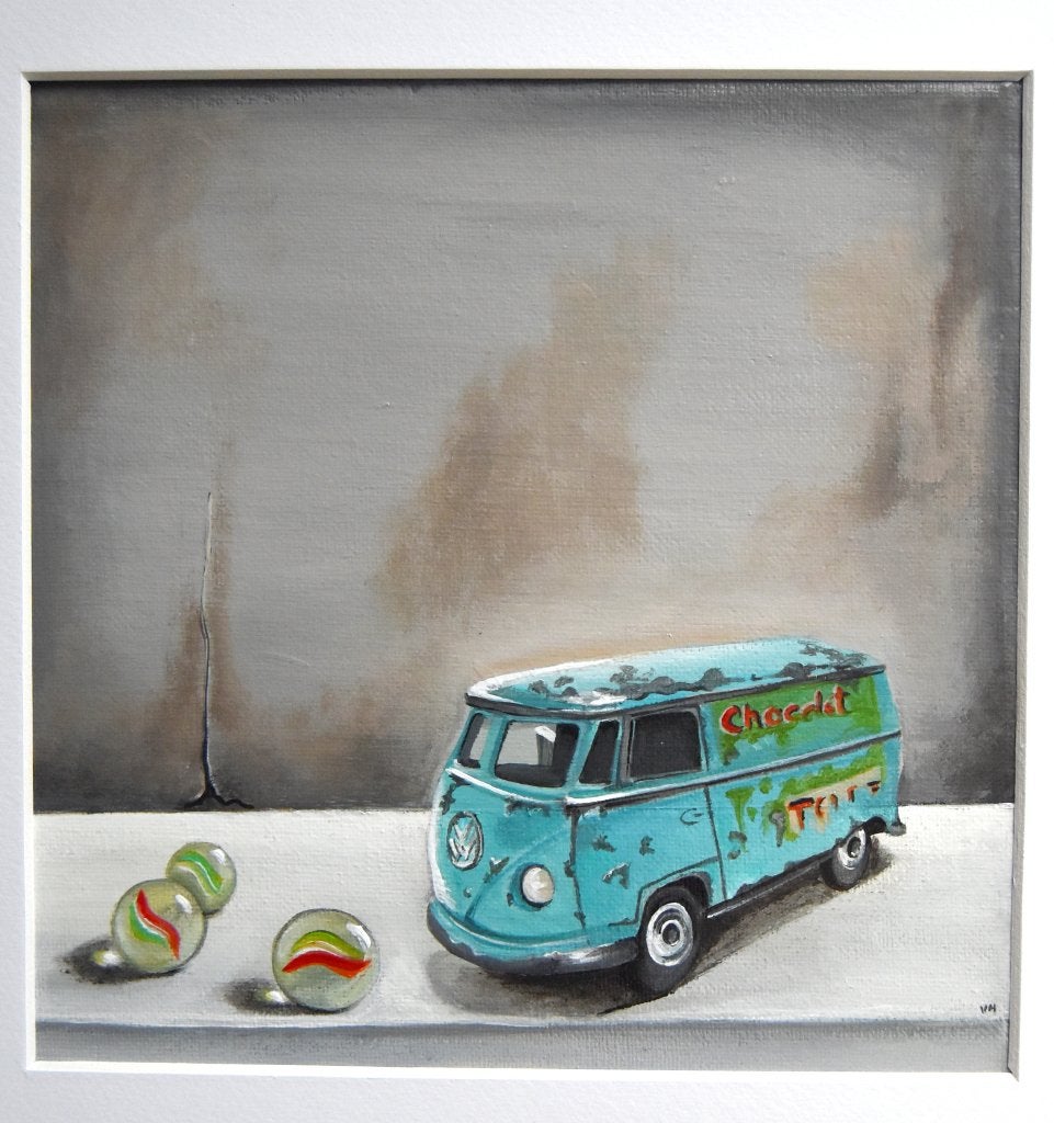 Vintage speelgoed V.W busje (Corgi) op doek in mooie lijst, Voertuigen, Acrylverf, Ophalen of Verzenden, Gelimiteerde oplage