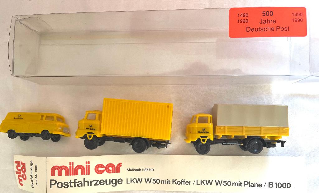 Minicar: 2x IFA W50 en Barkas "500 Jahre Deutsche Post", Hobby en Vrije tijd, Modelauto's | 1:87, Ophalen of Verzenden, Zo goed als nieuw