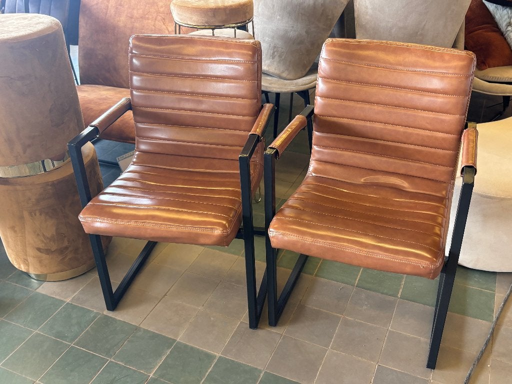 Set Industriele Leren Stoelen Cognac Buisframe, Ophalen, Gebruikt, Twee, Bruin