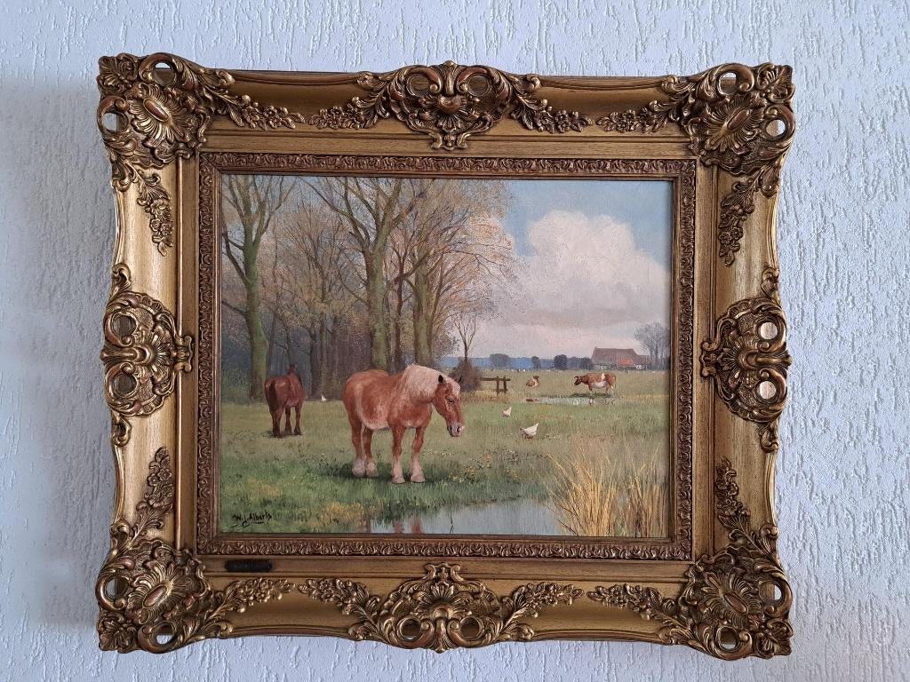 W.J.Alberts Hollands weidelandschap met paarden en vee, Antiek en Kunst, Ophalen