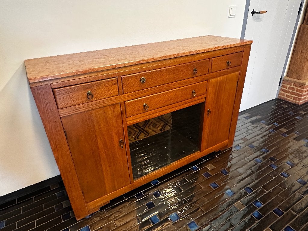 Dressoir met vitrinedeel jaren '50, Ophalen, 25 tot 50 cm, Amsterdamse stijl, Gebruikt