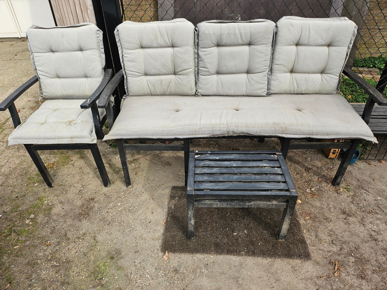 Tuinbankje acaciahout incl kussens,bijzettafel,extra stoel, Tuin en Terras, Gebruikt, Stoel, Hout, Ophalen