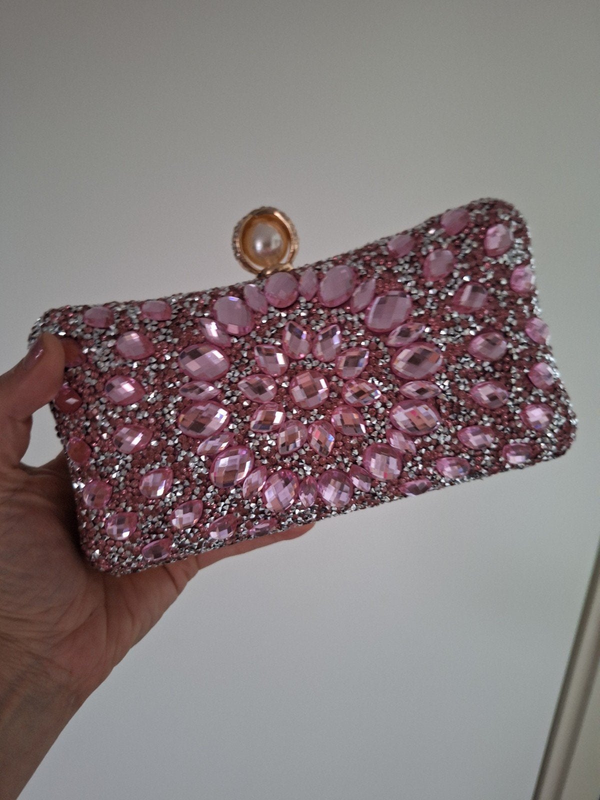 Roze Avondtasje met Strass en Parelsluiting, Ophalen of Verzenden