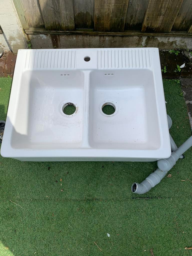 Ikea Domsjö dubbele spoelbak - Wit keramiek, Doe-het-zelf en Verbouw, Ophalen, Gebruikt, Wastafel