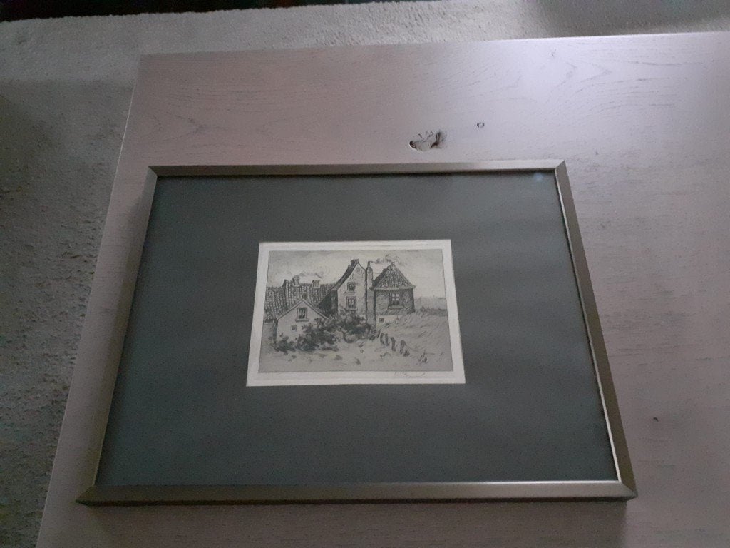 Originele Ets Johan Ponsioen- Huizen aan de Dijk Tiel, Ophalen, Ingelijst, 31 cm, Ets