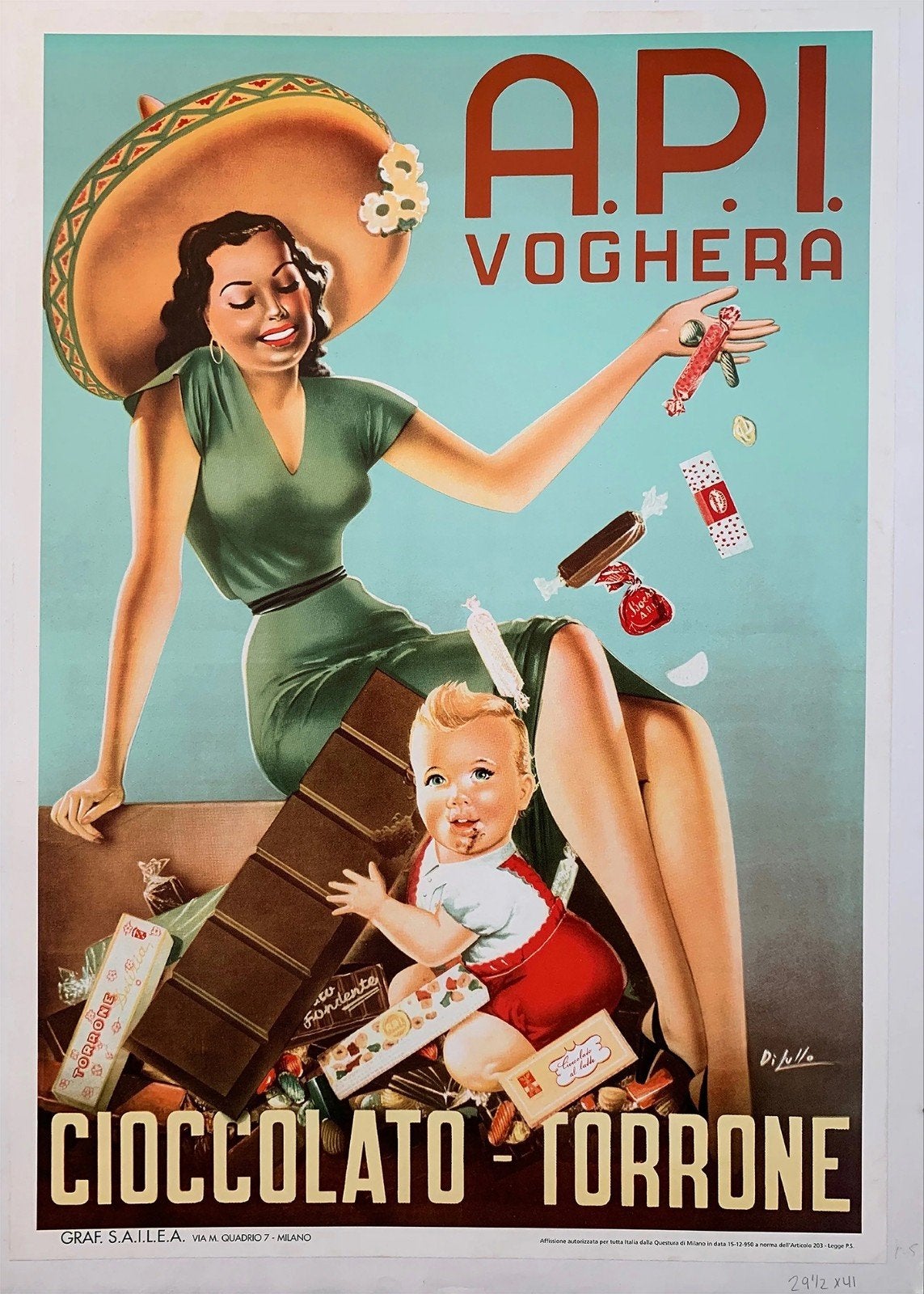 Vintage API Voghera Cioccolato Torrone Reclame Poster, Ophalen of Verzenden, A1 t/m A3, Reclame, Rechthoekig Staand