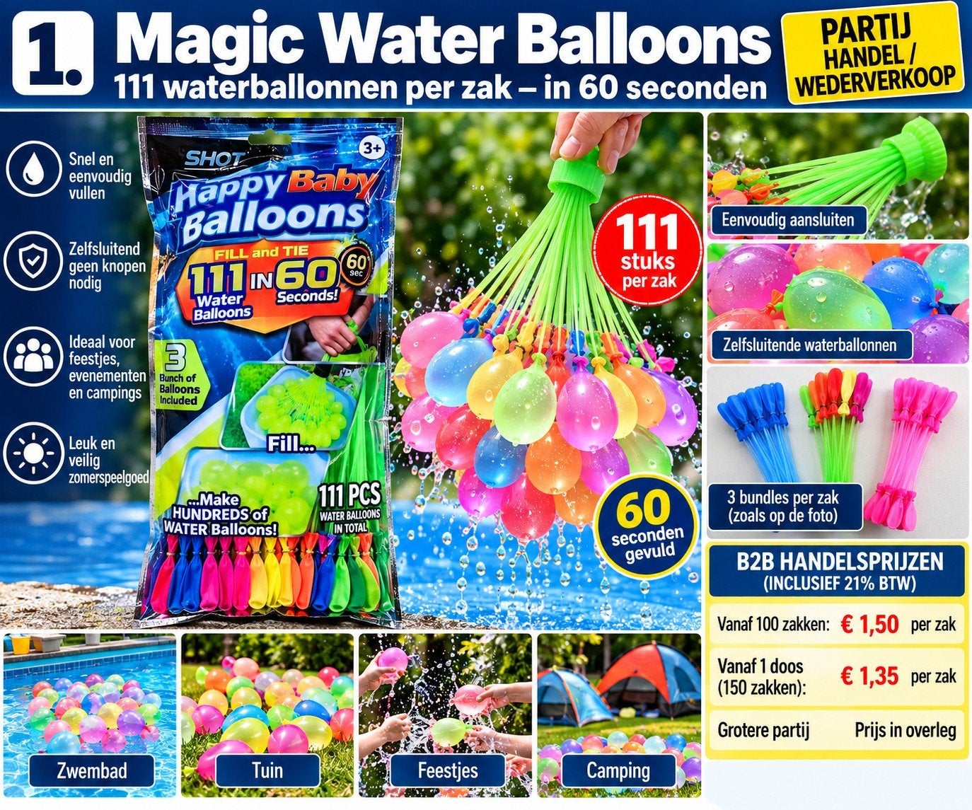 PARTIJ Magic Water Balloons – 111 waterballonnen per zak –, 5405as, Nieuw, Info@vdtools.nl, Vdtools b.v.