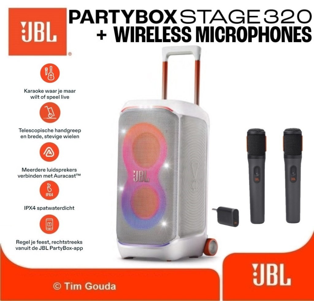 ✅ JBL Partybox Stage 320 Wit + Wireless Microfoon set NIEUW, Audio, Tv en Foto, Luidsprekers, 150 watt of meer, JBL, Party speaker