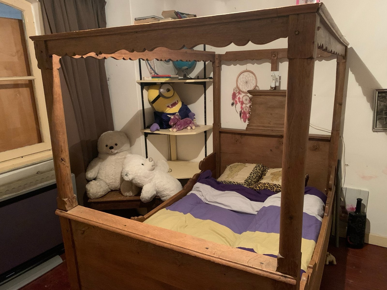 Houten hemelbed - Eenpersoons, Gebruikt, 90 cm, Eenpersoons, Bruin